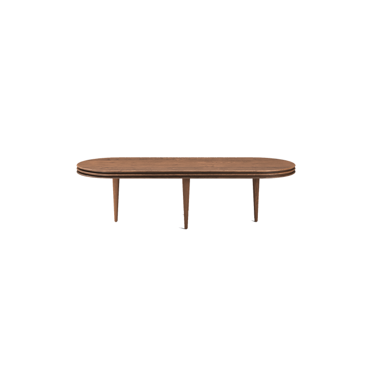 Sofabord Groove Coffee Table ovalt fra dk3 i røkt eik, med høyde på 37,5 cm.