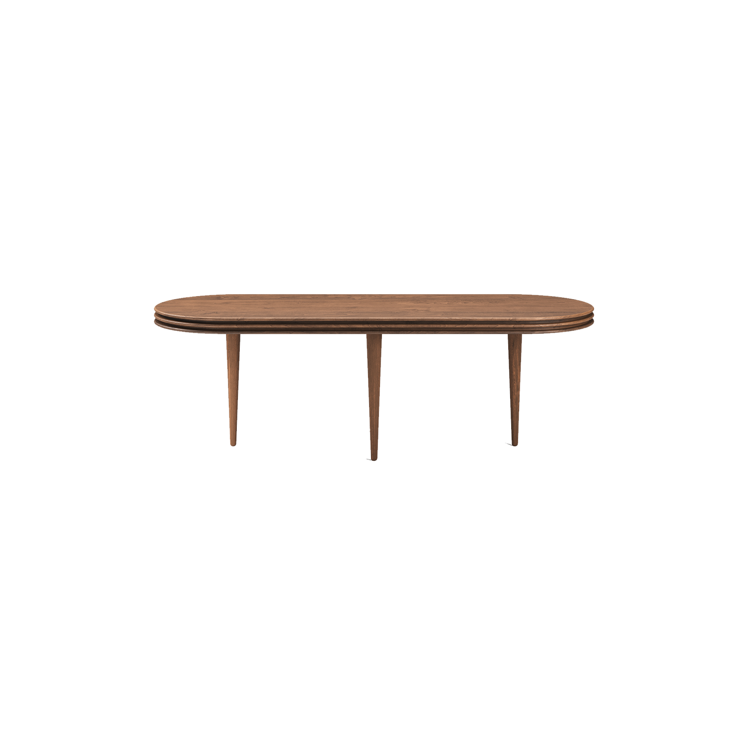 Sofabord Groove Coffee Table ovalt fra dk3 i røkt eik, med høyde på 45 cm.