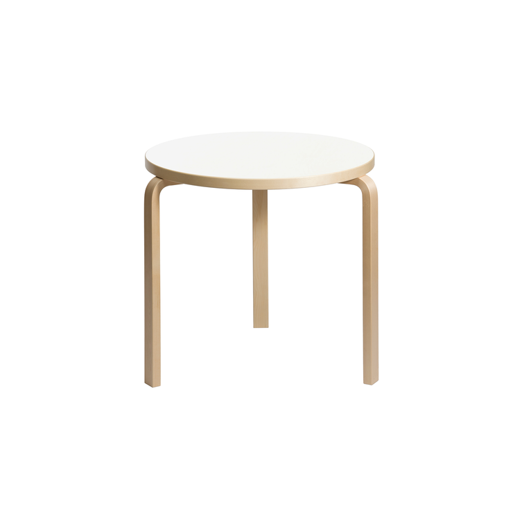 Spisebord Aalto Table 90B fra Artek, rundt, i heltre bjørk med bordplate i hvit laminat.